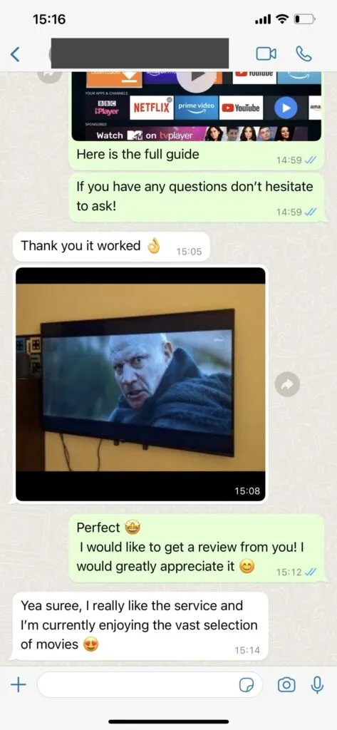 WhatsApp ervaring van TVPikoma klant 1